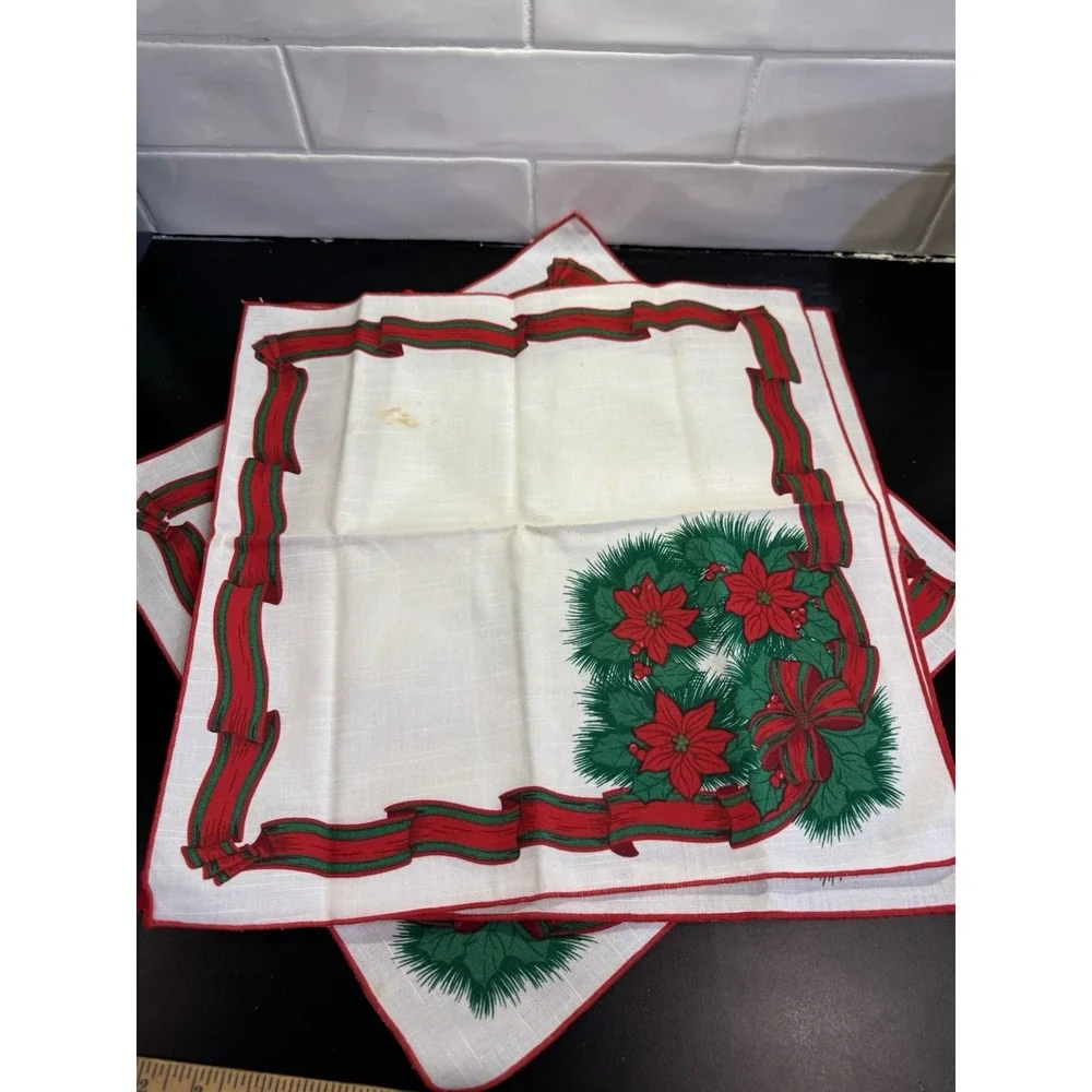 Poinsettia Holly Napkins Christmas Flower Red Green Set Of 3 Vintage‎ Brazil